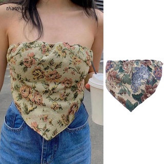 tha Women Sexy Strapless Bustier Crop Tube Top Vintage Floral Jacquard Corset Camisole Asymmetrical Ruched Backless Vest