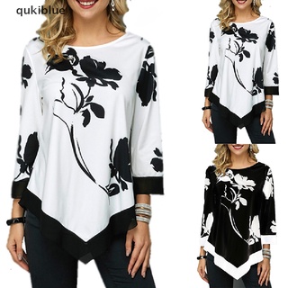 Qukiblue Women Irregular T Shirt Floral Blouse Long Sleeve Tee Tops Casual Loose Tshirt CO