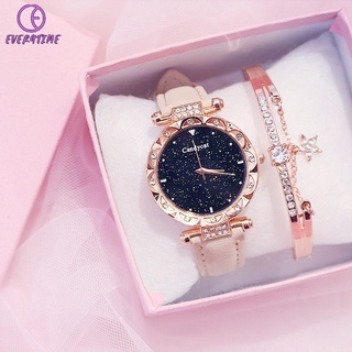 [Reloj + Pulsera] Reloj de mujer Reloj de cuarzo de cuero informal Reloj de diamantes de estrella de moda(Sin caja)