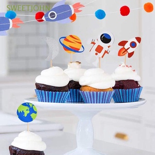 Sweetjohn Baby Shower Cupcake Toppers niños niños fiesta suministros torta banderas nave espacial tema astronauta espacio exterior cumpleaños planeta cohete decoración de tartas