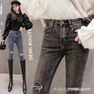 Polar-Fleece Jeans De Las Mujeres Ripped Agujeros 2022 Otoño Invierno Cintura Alta Elástica Slim-Fit Slimm (9)