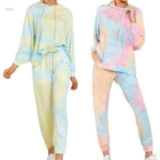 lucky mujer gradiente tie-dye impreso de dos piezas chándal de manga larga con capucha con cordón sudadera tops jogger pantalones ropa de dormir loungewear (1)