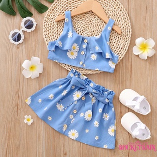 ☀ JP ❥ Traje De Bebé Niñas , Camisola De Estampado Floral Azul , Falda Y Cintura