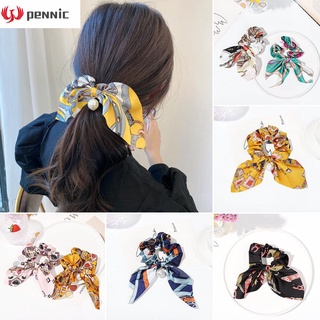 PENNIC Women Girls Pearl Scrunchies Floral Ponytail Holder Bowknot Hair Bands Hair Accessories Elastic Headwear Fashion Hair Ropes Scarf Ribbon Hair Ties (1)