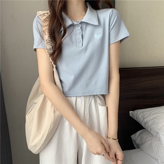 Summer cream blue short-sleeved chic t-shirt design niche polo collar loose short thin section sweet cool top women