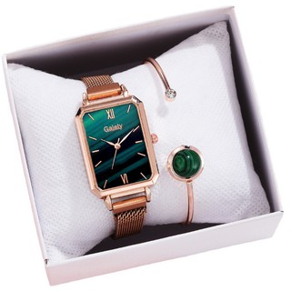 (Reloj + pulsera) Reloj de mujer Reloj de cuarzo rectangular de acero inoxidable a la moda