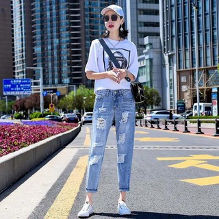 ripped jeans de las mujeres suelta nueve puntos mendigo pantalones primavera y verano estilo coreano delgado recto de las mujeres harlan pantalones tendencia