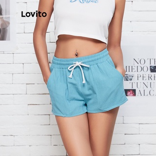 Lovito Shorts Holgados Liso Básico Cómodo Cordón L08200 (Azul)