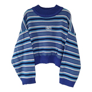 Clarissa-suéter a rayas azules y blancas para mujer, jersey de gran tamaño bordado con cuello falso, jerséis recortados, suéteres Harajuku (2)