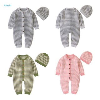 Afterbl Newborn Baby Knitted Clothes Cotton Infant Toddler Jumpsuit Autumn Winter Romper with Plaid Hat Outfits Set
