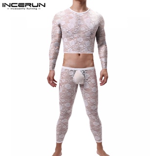 Incerun Conjunto De Pijama Casual De malla Transparente con encaje para hombre a través De Slim Fit+pantalones largos