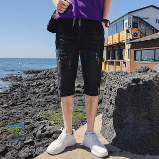 [personalización exclusiva] pantalones de los hombres de la moda coreana capri jeans pantalones cortos sueltos rectos capri casual elástico delgado (4)