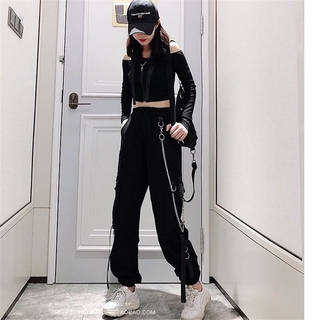 Mujer Pantalones De Carga Hebilla Cinta Bolsillo Jogger Cintura Elástica Alta Streetwear Harajuku Punk Anillo Cadena