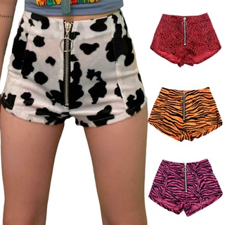 ✲Wf☆Pantalones cortos Sexy para mujer, cierre de cremallera frontal estampado patrón de cintura alta pantalones, naranja/blanco/rojo/rosa (1)