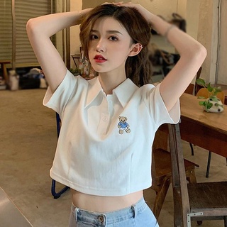 Mujeres Crop Tops Estilo Japonés Oso Impresión Suelta Blusa De Manga Corta Camiseta
