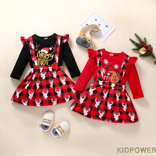 Kprq-2 piezas trajes de navidad para niños pequeños, renos O-cuello de manga larga camiseta + tirantes a cuadros falda para niñas, de 18 meses a 6 años