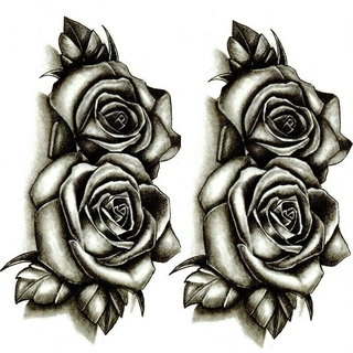 Negro moda impermeable temporal tatuaje pegatina/transferencia de agua doble rosa flores/pareja día de san valentín calcomanía arte corporal (6)