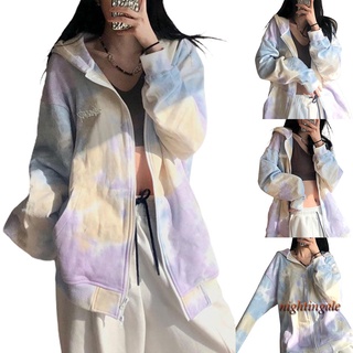 Sudadera con capucha de moda Casual nigh-Dye con cremallera Manga larga y estampado para mujer