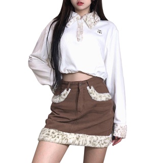 Lovely-mujer Mini falda de mezclilla, Casual cintura alta Color sólido falda corta con leopardo imitación piel recorte