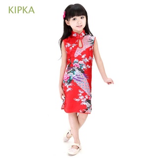kipka lindo niño vestidos dulce tradicional vestido cheongsam vestido qipao pavo real sin mangas slim niños estilo chino ropa de verano/multicolor