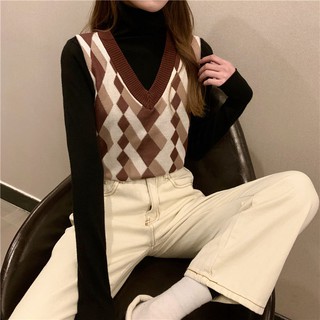 Suéter de punto de las mujeres cuadros contraste Color de lana sin mangas chaleco femenino (3)