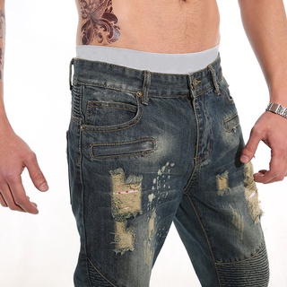 0913d moda hombres jeans recto adelgazar pantalones rasgados denim casual pantalones largos