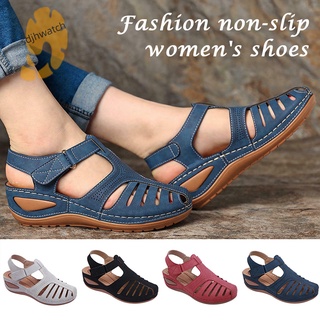 Retro PU Leather Sandals Summer Wedges Round Toe Hollow Out Sandals for Women