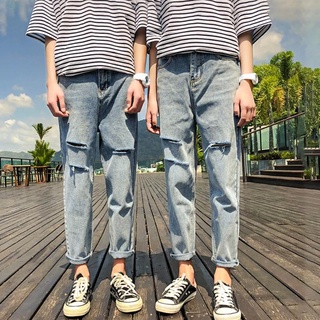 Los hombres Ripped Jeans verano moda Casual mediados de altura tobillo longitud suelta Denim Jeans pierna recta pantalones (6)