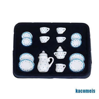 [KACM] 15Pcs 1:12 Dollhouse miniature blue dot tableware porcelain coffee tea cups set OEIS
