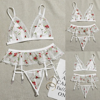 3PCS Bra Lace Embroidery Bow Tie Sleepwear Underwear Lingerie Flower Lace (1)