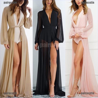 (hot#)Womens Long Sleeve Chiffon Kimono Beach Cardigan Bikini Cover Up Wrap Beachwear