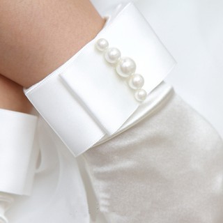 Guantes cortos cortos de perlas de imitación con cuentas de novia con arco satinado para mujer (3)