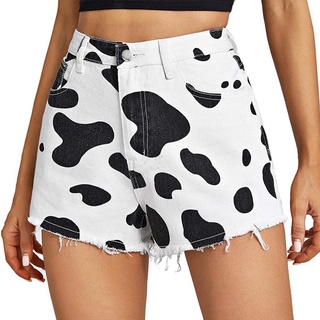 ♀Fx❣Pantalones cortos de mezclilla blancos negros para mujer, casuales vacas impresas pantalones vaqueros de cintura alta
