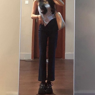 mujer negro recto jeans2021otoño nuevo estudiante de cintura alta pequeño adelgazar micro-flared tobillo longitud pantalones de moda