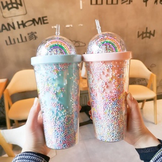 Easylife 550ML arco iris estrella fría taza vaso de doble capa de plástico taza de café vaso con paja botella de agua reutilizable