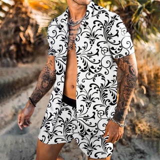 Traje de camisa de hombre traje de verano de manga corta con pantalones cortos de playa (4)