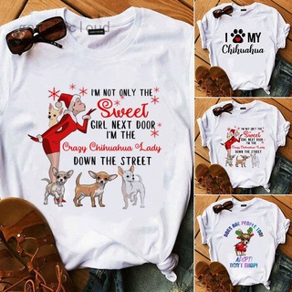 Mujer Chihuahua Lover impresión camiseta feliz navidad divertido perro diseño de manga corta Tops