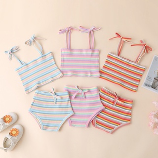 babyya recién nacido bebé niñas camisol chaleco arco iris rayas tops+bowknot shorts conjunto