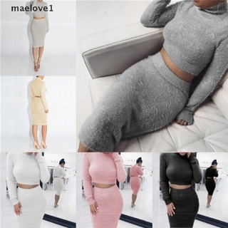 [maelove1] conjunto de faldas 2 piezas de moda para mujer, manga larga recortada, falda lápiz, trajes de punto [maelove1]