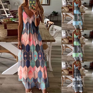 NEW Summer Womens Fashion Sleeveless V-neck Floral Print Dress Big Swing Dress