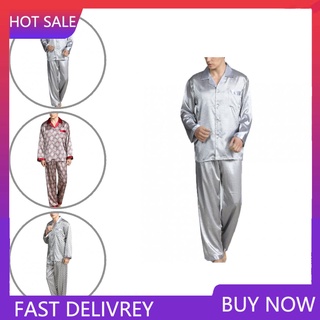 /TY/ Hombres verano imitación seda pijama conjunto de impresión camisa pantalones largos ropa de dormir ropa de dormir ropa de dormir