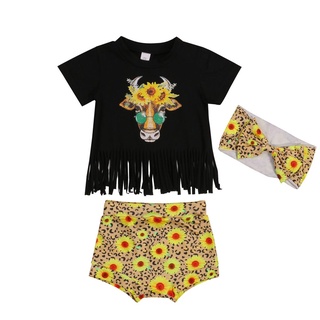 ♔Ni❀Tres piezas de ropa de bebé niña de dibujos animados de ganado de manga corta borla Tops y margarita pantalones cortos de leopardo con