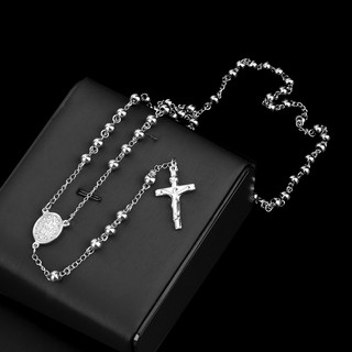 Collar de cuentas de rosario de acero inoxidable con colgante de cruz