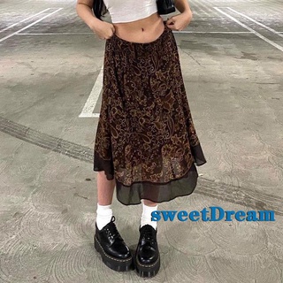 Sweetdream-mujer Floral estampado patrón falda marrón cintura alta estilo Retro hilo S/ M/ L