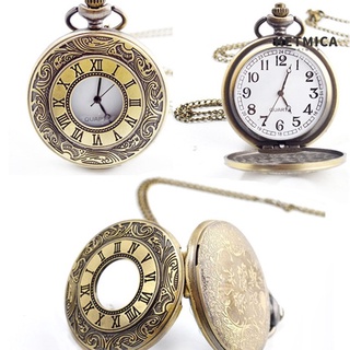 ketmica Vintage Unisex Hollow Round Dial Double Display Quartz Pocket Watch with Chain