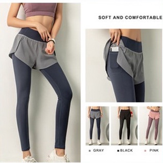 Desnudo de algodón falso de dos piezas pantalones de Yoga de cintura alta elástica portátil bolsillo Fitness pantalones mujeres