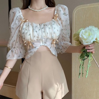 mujer floral crop tops cuello cuadrado gasa puff manga corta camisa blusa moda tops (1)