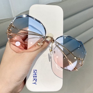 2021 nuevas gafas de sol sin montura de borde cortado versión coreana femenina de las gafas de sol finas anti-ultravioleta de red red de moda con cara redonda y montura grande
