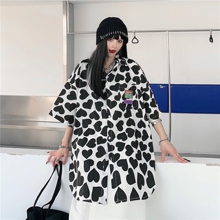 summer new korean trendy polo neck cartoon print loose short sleeve ins versatile blouse women