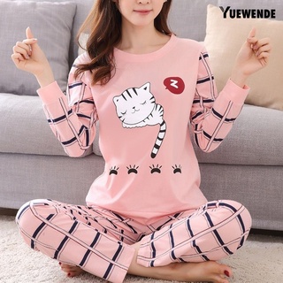 yue invierno lindo gato de dibujos animados impresión pijama conjunto de mujeres de dos piezas de manga larga ropa de dormir